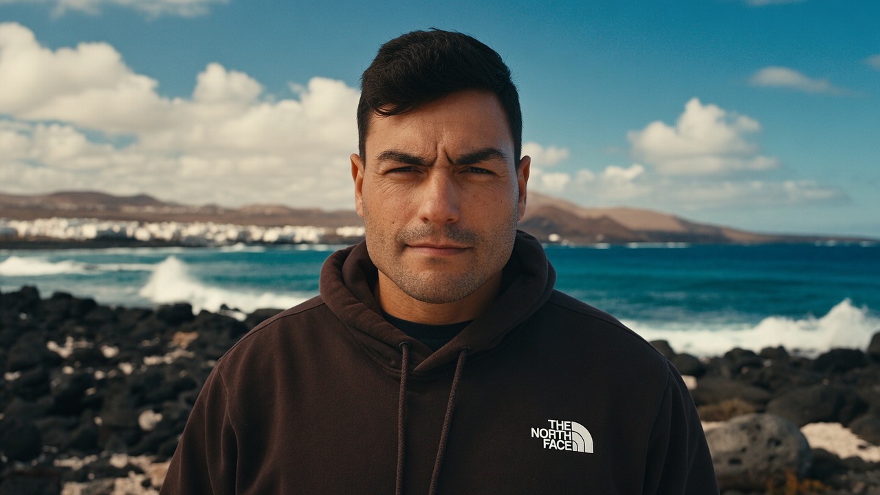 Joseph Lanz junto al mar en Lanzarote, mirando a cámara